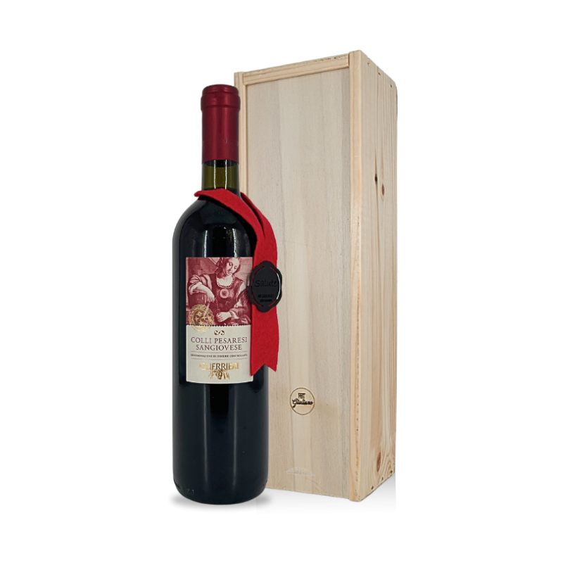 Colli Pesaresi Sangiovese DOC rode wijn in houten wijnkist Colli Pesaresi Sangiovese DOC rode wijn in houten wijnkist