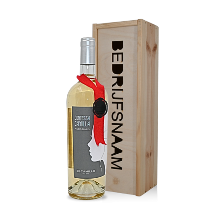 Pinot grigio, witte wijn in kist met bedrijfsnaam