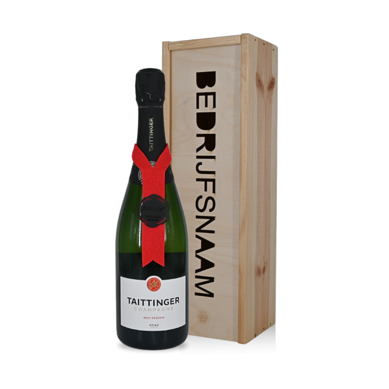 Champagne Taittinger in kist met eigen bedrijfsnaam Champagne Taittinger in kist met eigen bedrijfsnaam