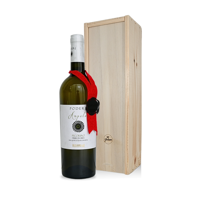 Pecorino Poderj, witte wijn uit de Abruzzen in houten wijnkist Pecorino Poderj, witte wijn uit de Abruzzen in houten wijnkist