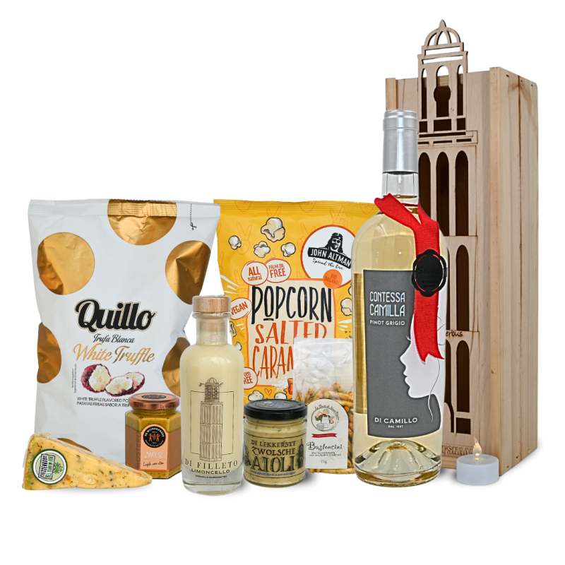 Kerstpakket ZWOLLE ITALIAANS met Peperbuskist met eigen logo en tekst Kerstpakket ZWOLLE ITALIAANS met Peperbuskist met eigen logo en tekst