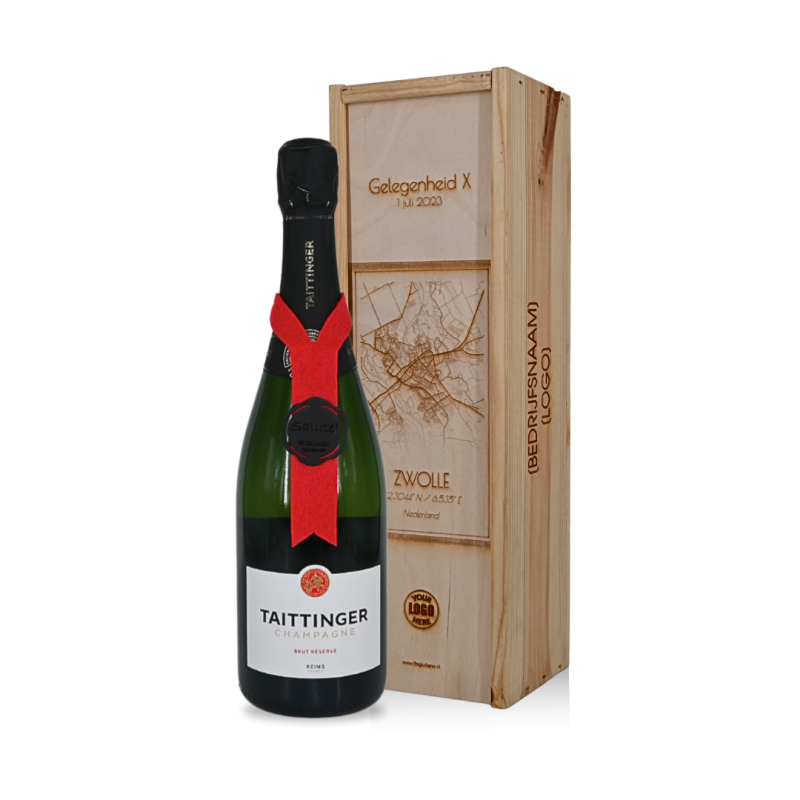Champagne Taittinger in kist met locatiegravure en logo Champagne Taittinger in kist met locatiegravure en logo