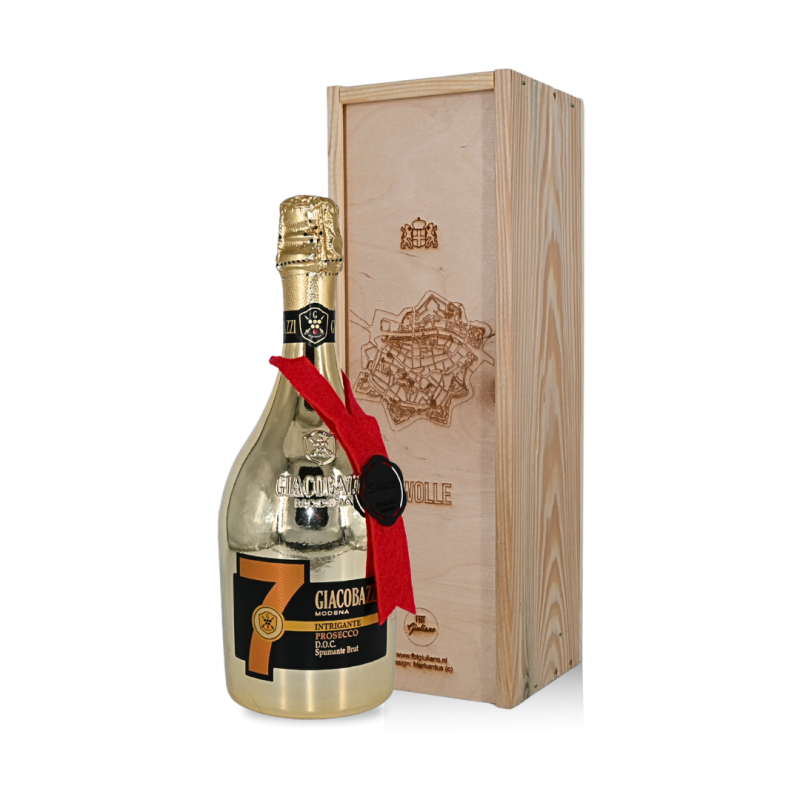 Prosecco in kist met Zwolle kunstgravure Prosecco in kist met Zwolle kunstgravure