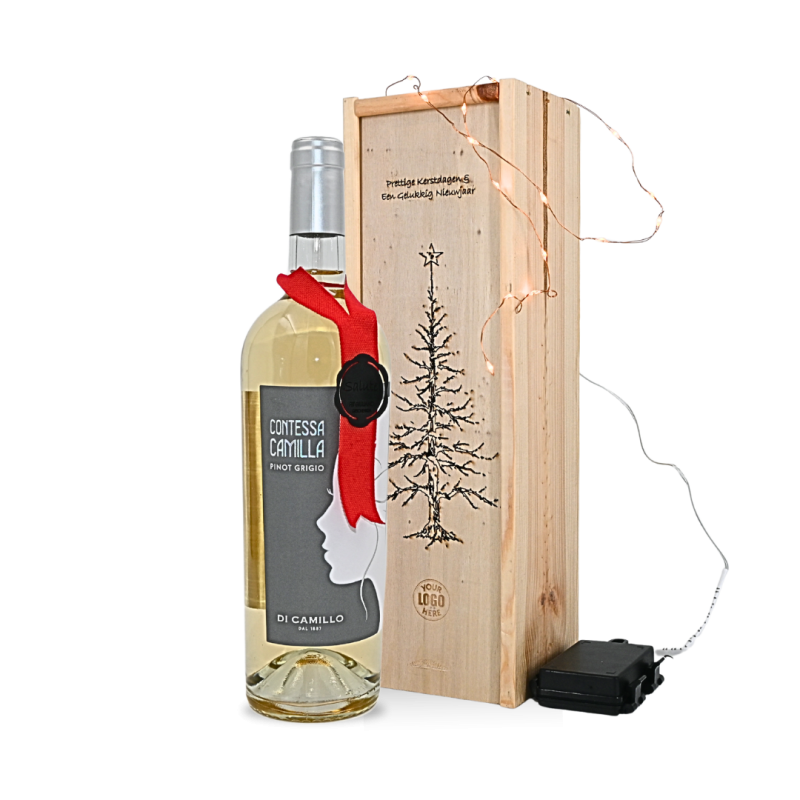 Pinot Grigio in sprankelende kerstboomkist Pinot Grigio in sprankelende kerstboomkist