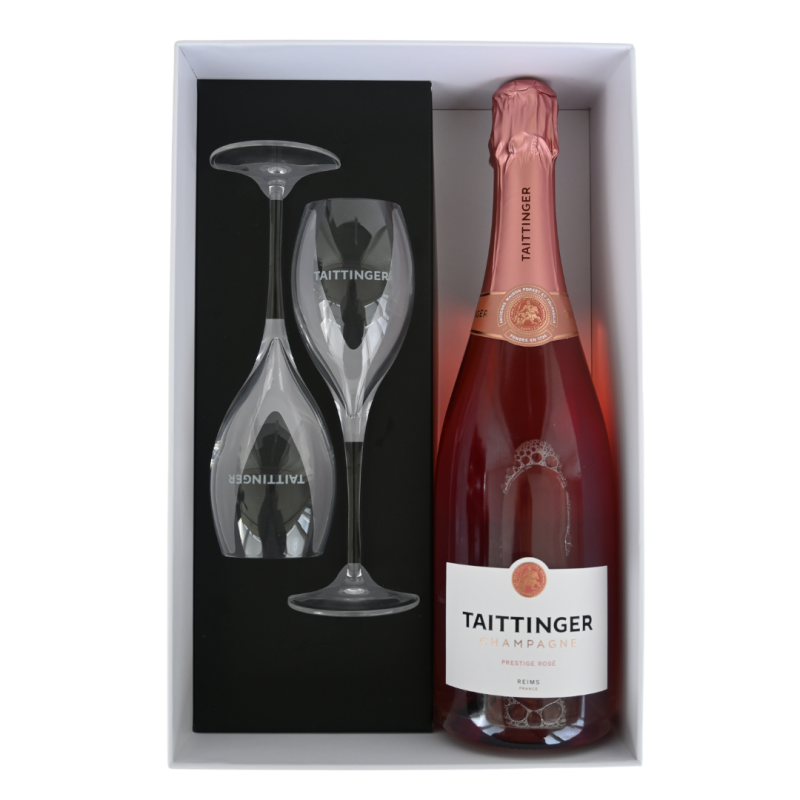 Champagne Taittinger Rosé Prestige box met twee champagneglazen