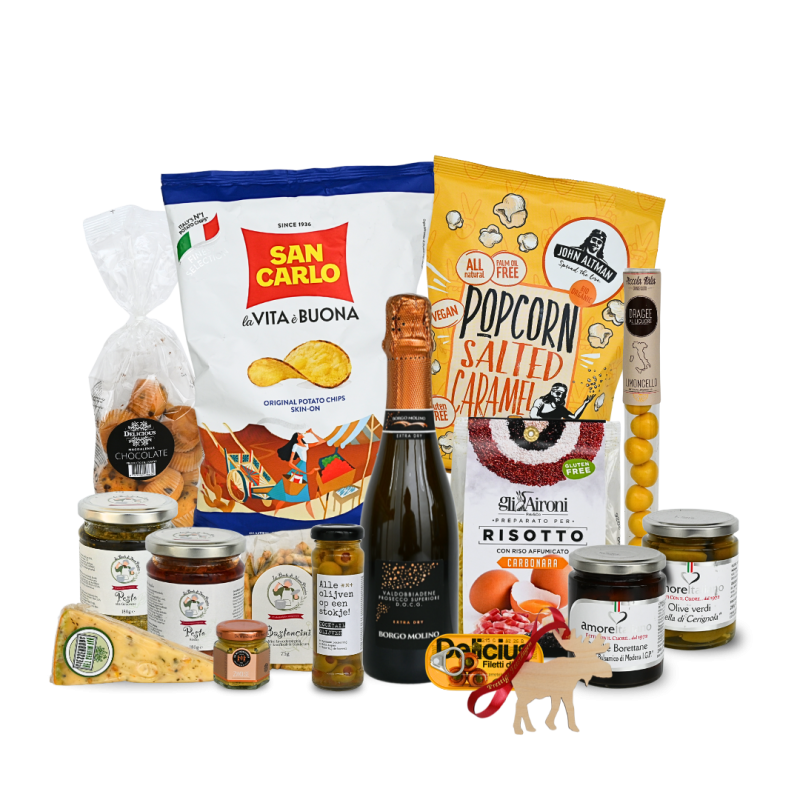 Kerstpakket MONTEROSSO Italiaans borrel en delicatessenpakket Kerstpakket MONTEROSSO Italiaans borrel en delicatessenpakket